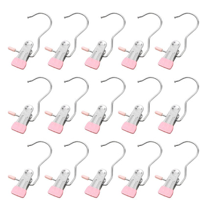 Clothes Pins, 15 Pack Hanger Hooks, Stainless Steel Laundry Clips, Travel Hangers, Towel Clips, Legging Organizer for Closet Hanging, Space Saving Hanger Clips for Pants, Jeans, Hats, Boot Silver