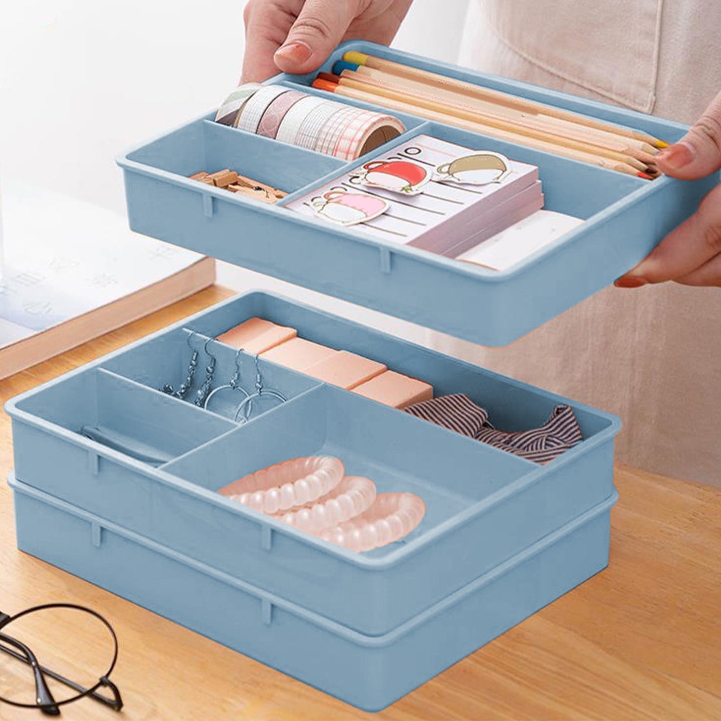 Four Grid Storage Box Plastic Drawer Dividers Flatware Tray Pen Holder Tray Plastic Tray Makeup Tray Plastic Drawers Makeup Vanity Organizer Small Item Pp Office Storage Tray Blue