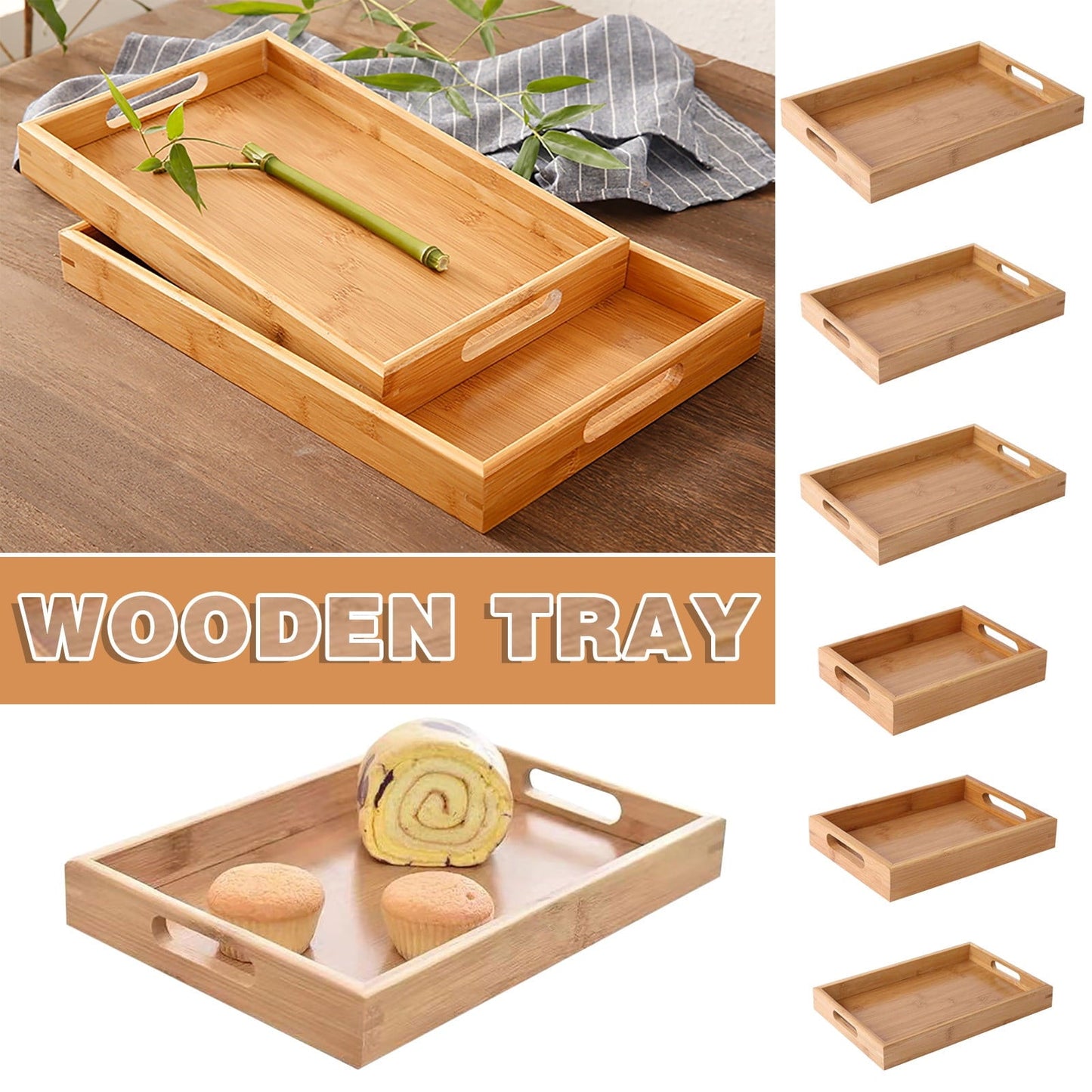 Serving Tray with Handles, Rectangular Bamboo Breakfast Food Tray Wooden Trays ,Natural Wood Tea Coffee Tray Decorative Serving Platter for Eating, Storing, Used in Bedroom, Kitchen,Outdoors Off-White