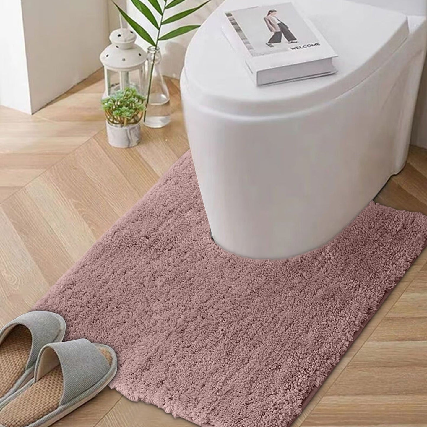 Bathroom Contour Rug Non Slip Toilet U Shaped Bath Mat, Water Absorbent Super Soft Shaggy Chenille Machine Washable Dry Extra Thick Perfect Absorbant Best Plush Carpet, U Shaped Bath Mat Pink