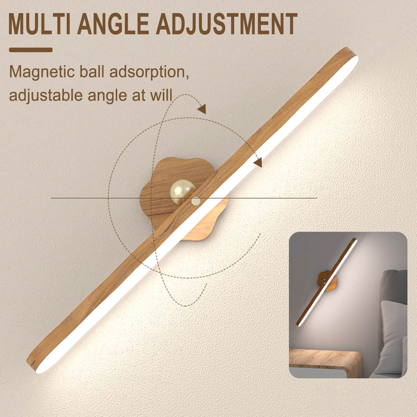 Wall Lights for Bedroom Battery Operated Wall Sconce Lamp Vanity Light Magnetic Wooden Wireless Rechargeable Wall Lights,Rotating Multi-purpose Night Light Movable Light Detachable Cabinet Light A