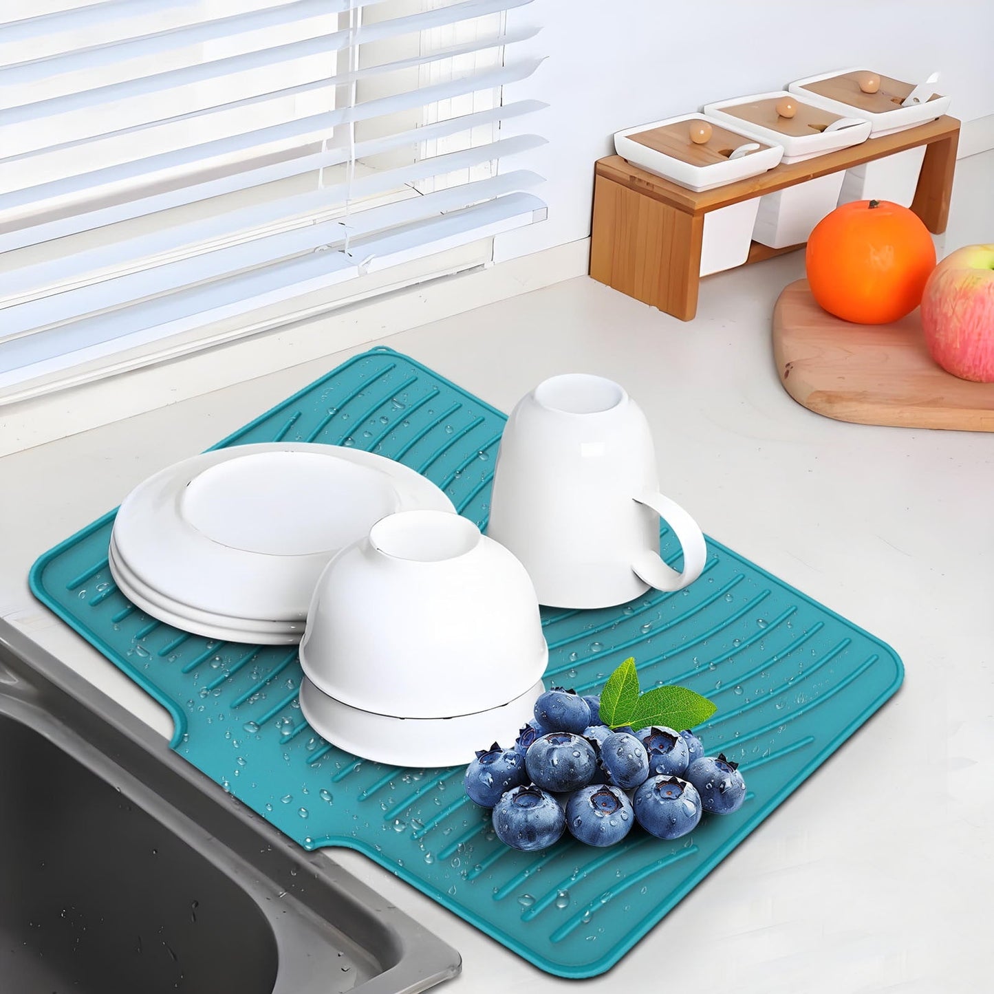 40x33 Inch Extra Large Kitchen Countertop Draining Silicone Tray - No Punching, Waterproof Drying Pad for Dishes,Water Diverting, Anti-Accumulating, Multifunctional Counter Protector for Kitchen Use green