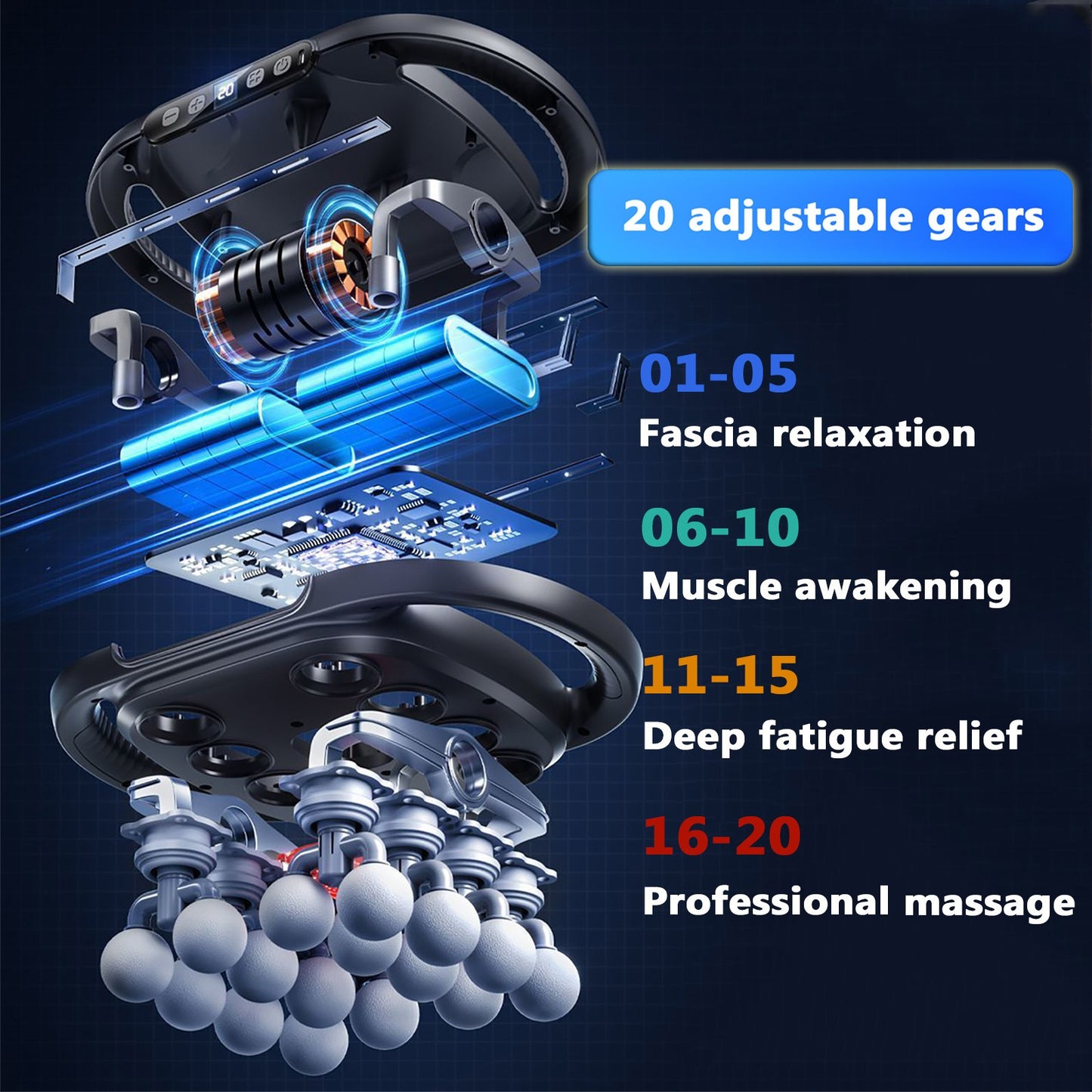 16-Head Rechargeable Muscle Fascia Gun with LCD Display - 9 Modes, 20 Adjustable Speeds, for Muscle Pain Relief, Back, Legs, Neck, and Body,Gift for Men and Women - 11 x 7.48 x 3.94 inches