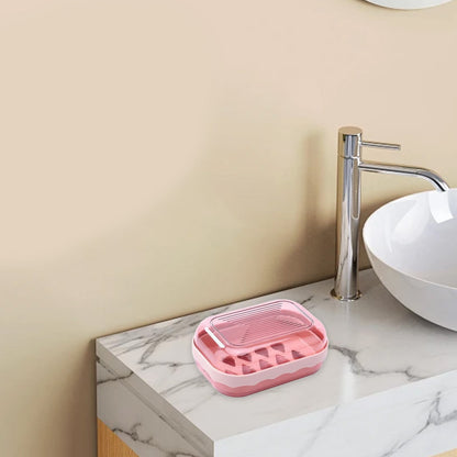 Covered Soap Box with Lid - Plastic Bar Soap Case with Drain Tray, Portable Countertop Soap Container, Water-Resistant, Easy to Clean, 5.03 x 3.46 x 2.16 inches, for Home & Travel Use Pink