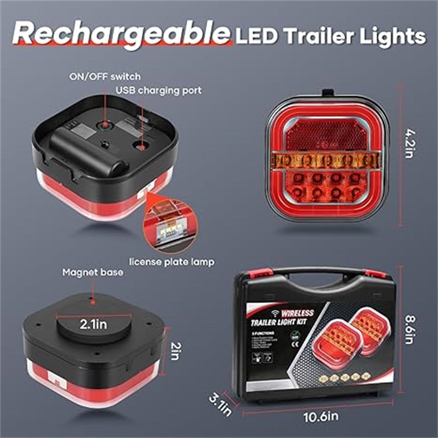 Trailer Lights,Boat Trailer Lights,Wireless ,LED Rear Tail Lights Dynamic Stop Brake Indicator Lamp Trailer ,Utility Boat Trailer Submersible ,Magnetic & Screw Mount Tow Lights,Waterproof Light-guiding