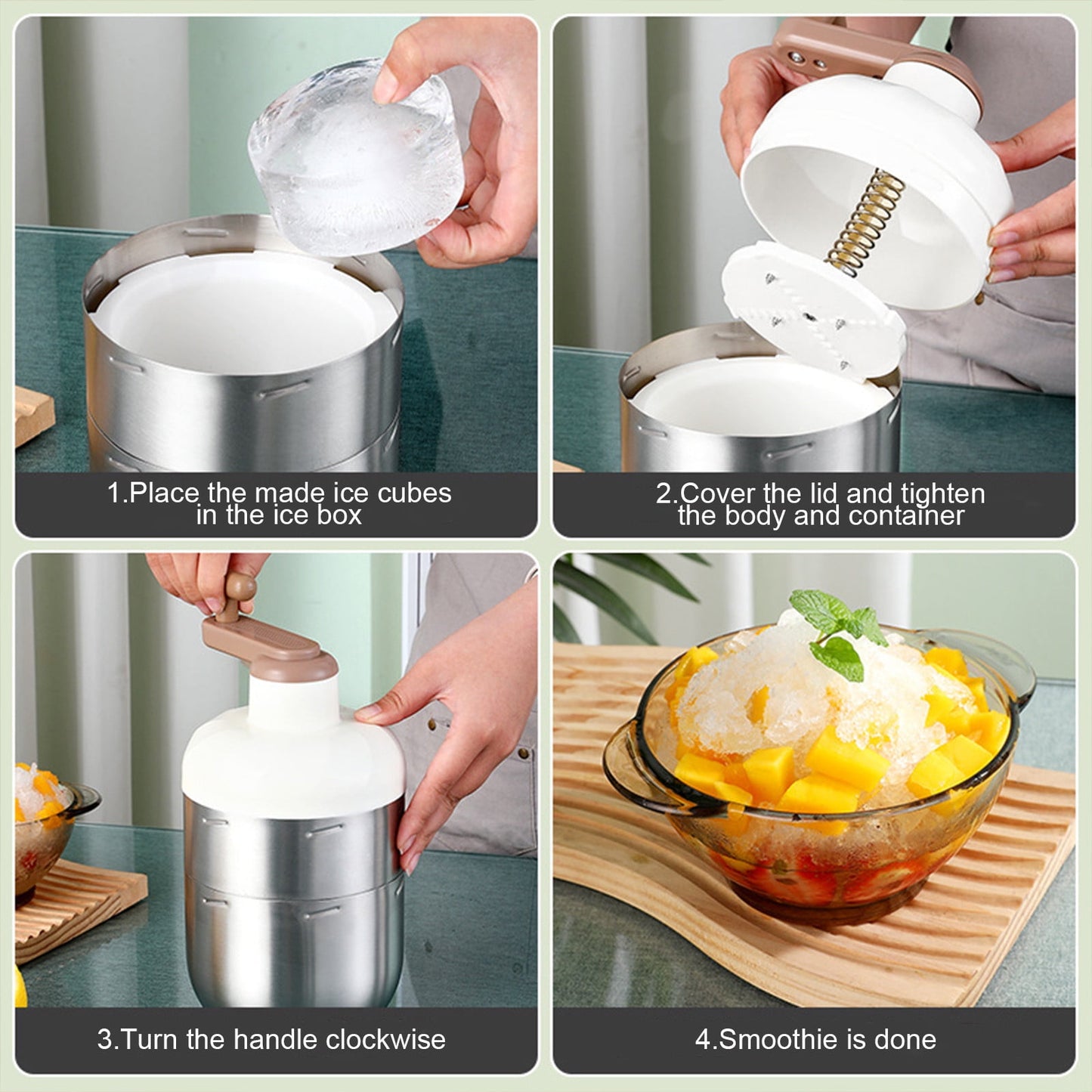 Manual Ice Crusher - Hand-Cranked Shaving Machine for Household & Commercial Use - Stainless Steel Blades, 10.04x5.04x5.04in - White, Green, Silver - for Summer Drinks & Slushies, Includes Ice Box Silver