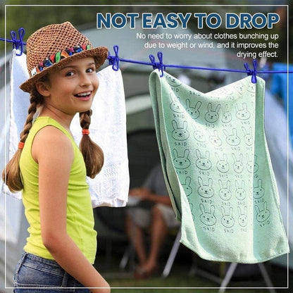 Portable Clothesline for Travel, Camping, and RV – Windproof Elastic Clothesline with 12 Clips, 6ft Length, Non-Slip, Space-Saving, Easy to Hang – Ideal for Backyard, Bathroom, and Outdoor Use Light Blue