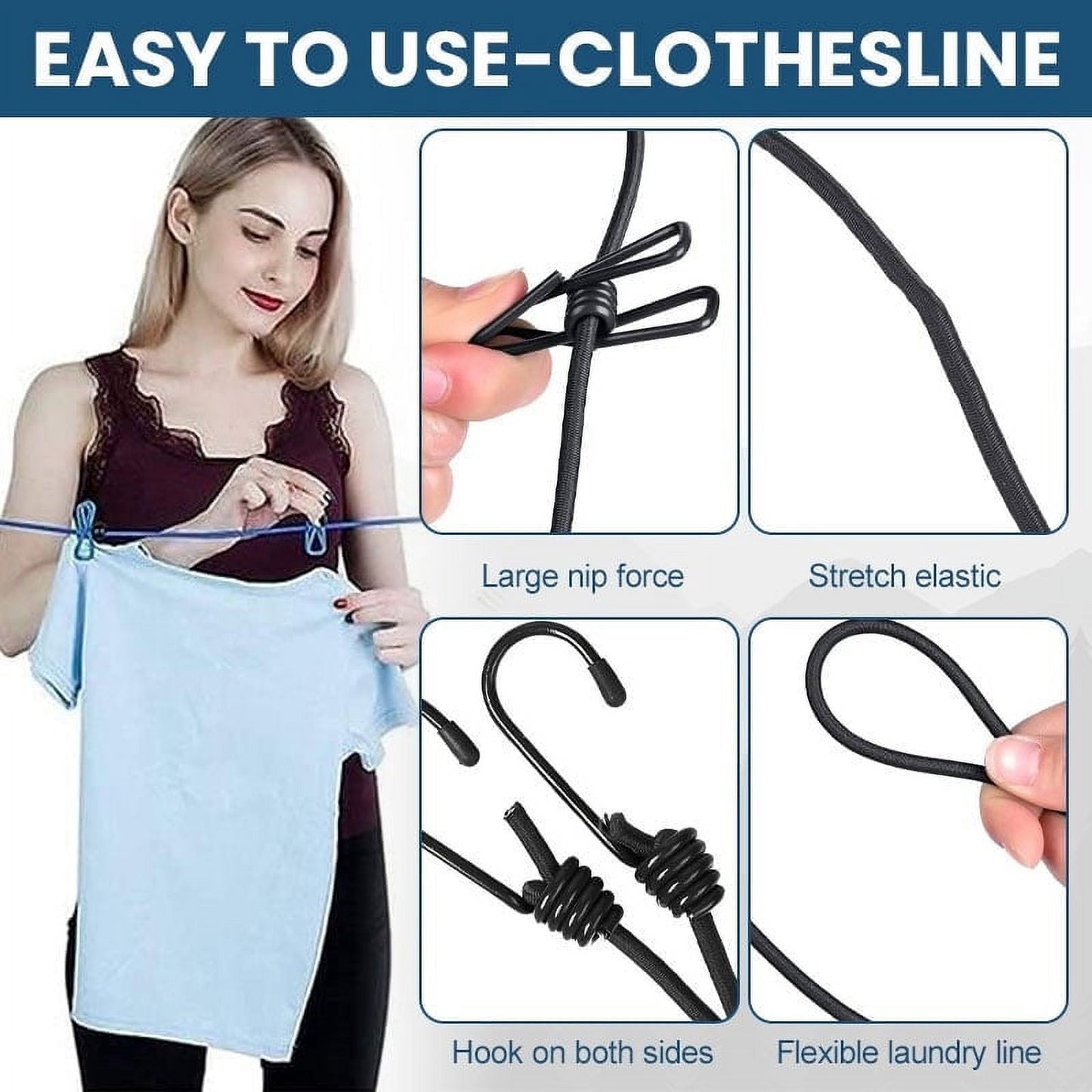 Portable Clothesline for Travel, Camping, and RV – Windproof Elastic Clothesline with 12 Clips, 6ft Length, Non-Slip, Space-Saving, Easy to Hang – Ideal for Backyard, Bathroom, and Outdoor Use Light Blue