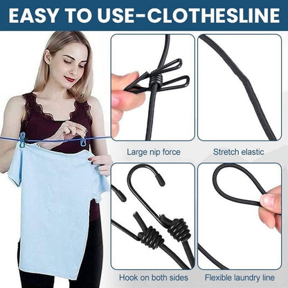 Portable Clothesline for Travel, Camping, and RV – Windproof Elastic Clothesline with 12 Clips, 6ft Length, Non-Slip, Space-Saving, Easy to Hang – Ideal for Backyard, Bathroom, and Outdoor Use Light Blue