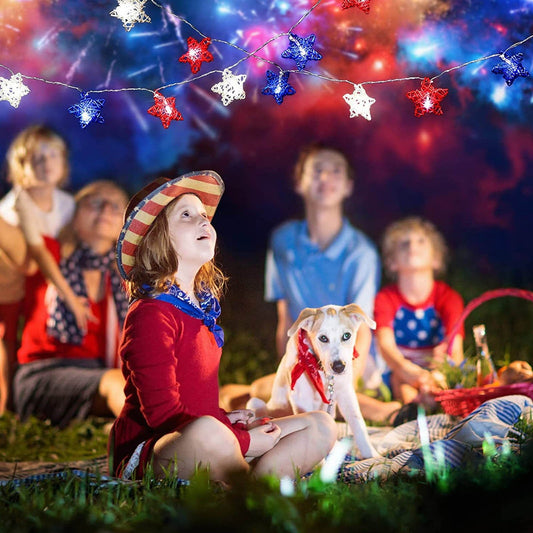 20 LED Star Decorative Lighting String, 10 Ft Red White and Blue Christmas Lights, for Indoor Party, 4th of July, Memorial Day, Decorations Rattan Stars Patriotic Lights Battery Operated A