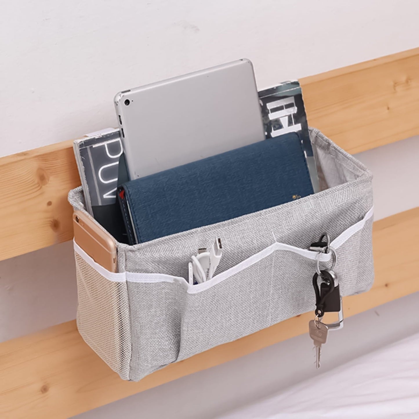Bedside Caddy/Bedside Storage Bag Hanging Organizer for Bunk and Hospital Beds,Dorm Rooms Bed Rails,Can be Placed Glasses,Books,Mobile Phones,Keys (Grey), 12.2x4.33x6.29 12.2" x 4.33" x 6.29" Dark Grey