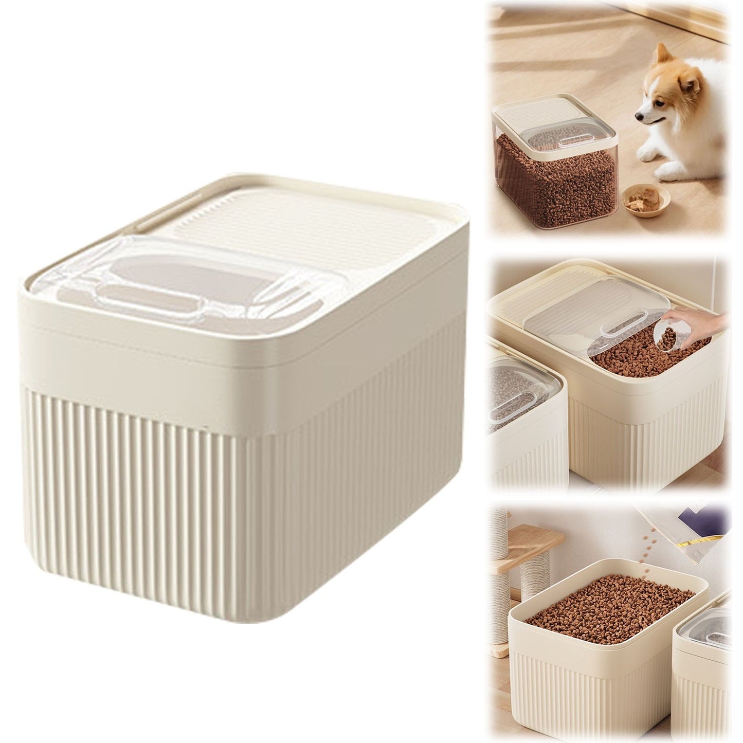 Airtight Pet Food Storage Container for Dog Cat Food Up to 10lbs Large Dry Food Bin with Measuring Cup Lids for Treats and Other Pets (10 LB), 6.31x9.44x7.08 15.16" x 8.27" x 6.77" White