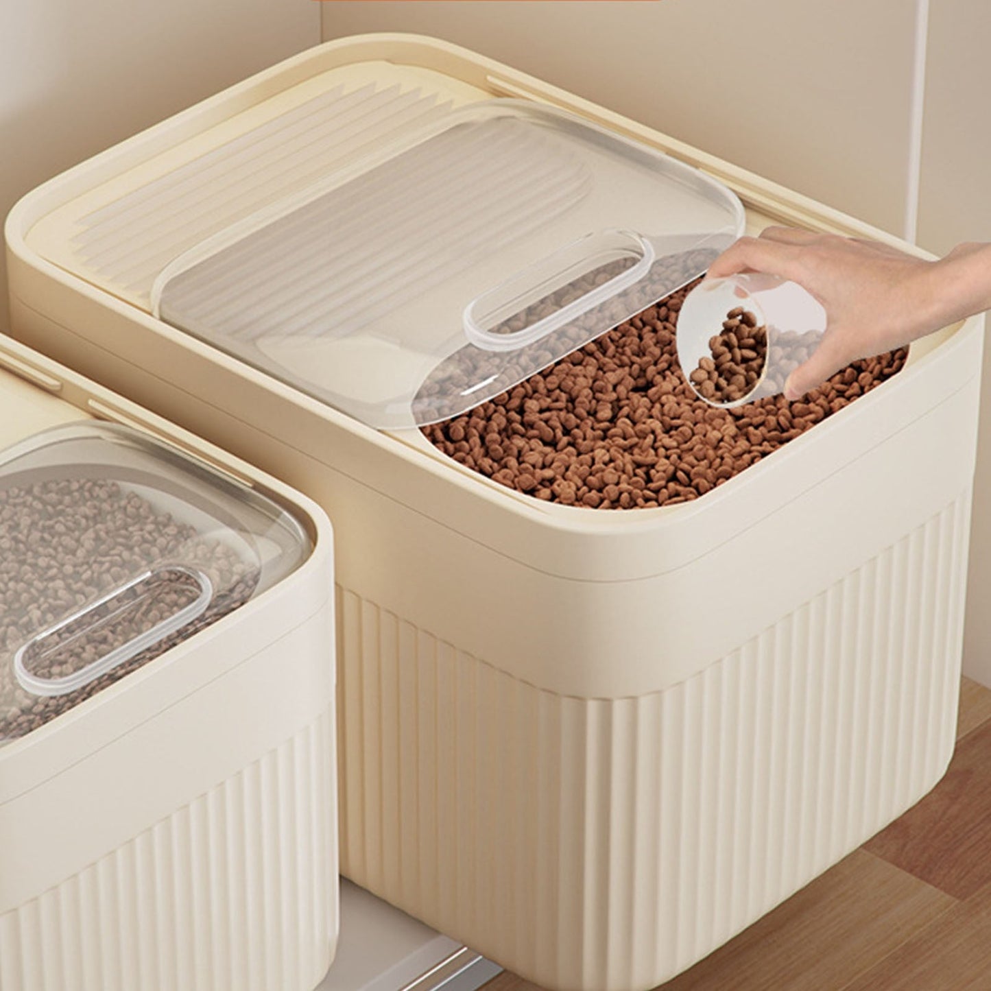 Airtight Pet Food Storage Container for Dog Cat Food Up to 10lbs Large Dry Food Bin with Measuring Cup Lids for Treats and Other Pets (10 LB), 6.31x9.44x7.08 15.16" x 8.27" x 6.77" White