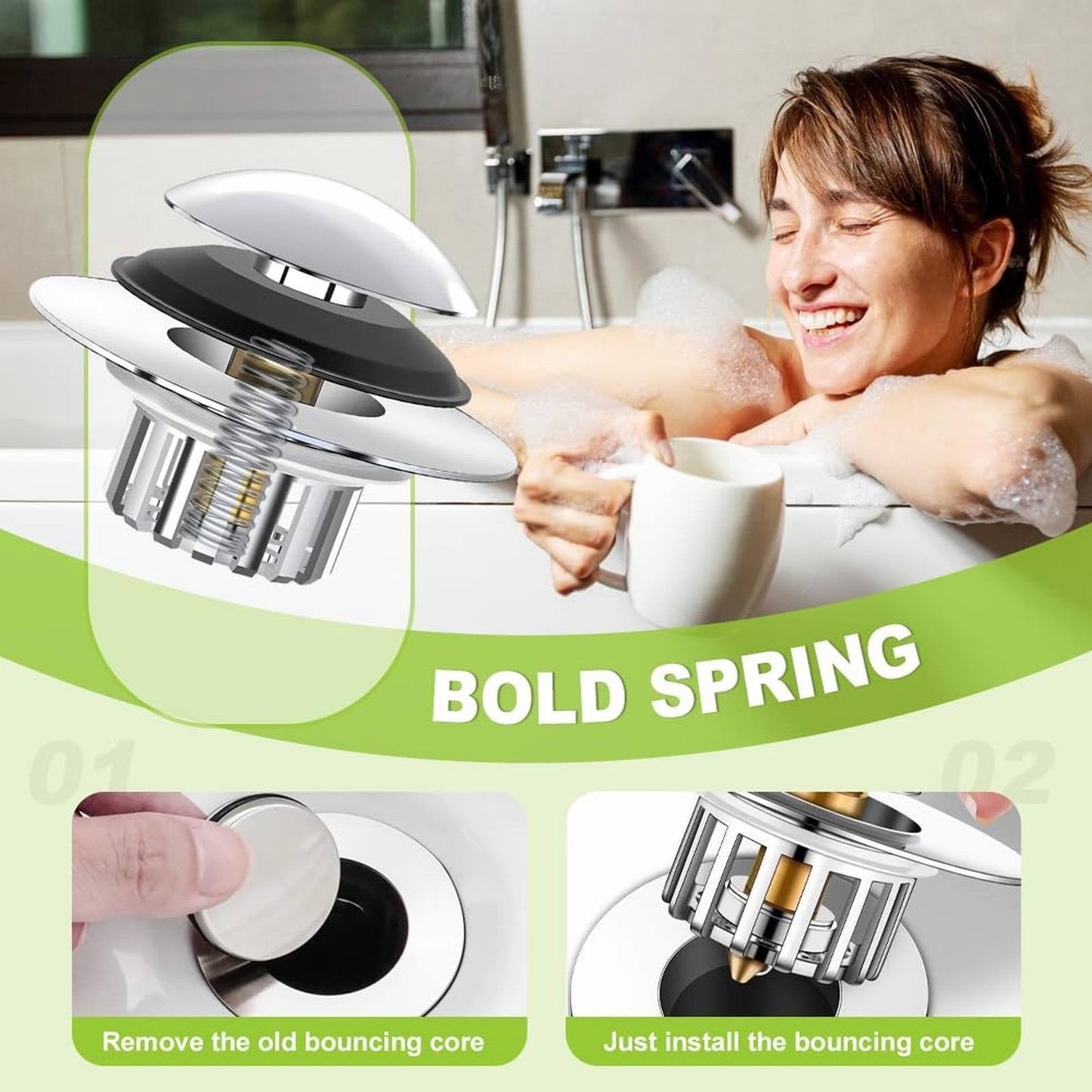 Universal Bath Drain Stopper and Cover, Bathtub Drain Stopper, Replaces Lift and Turn, Tip-Toe and Trip Lever drains for Tub, EZ Installation and Clearing, 1.4x2.0 1.4" x 2.0" Silver
