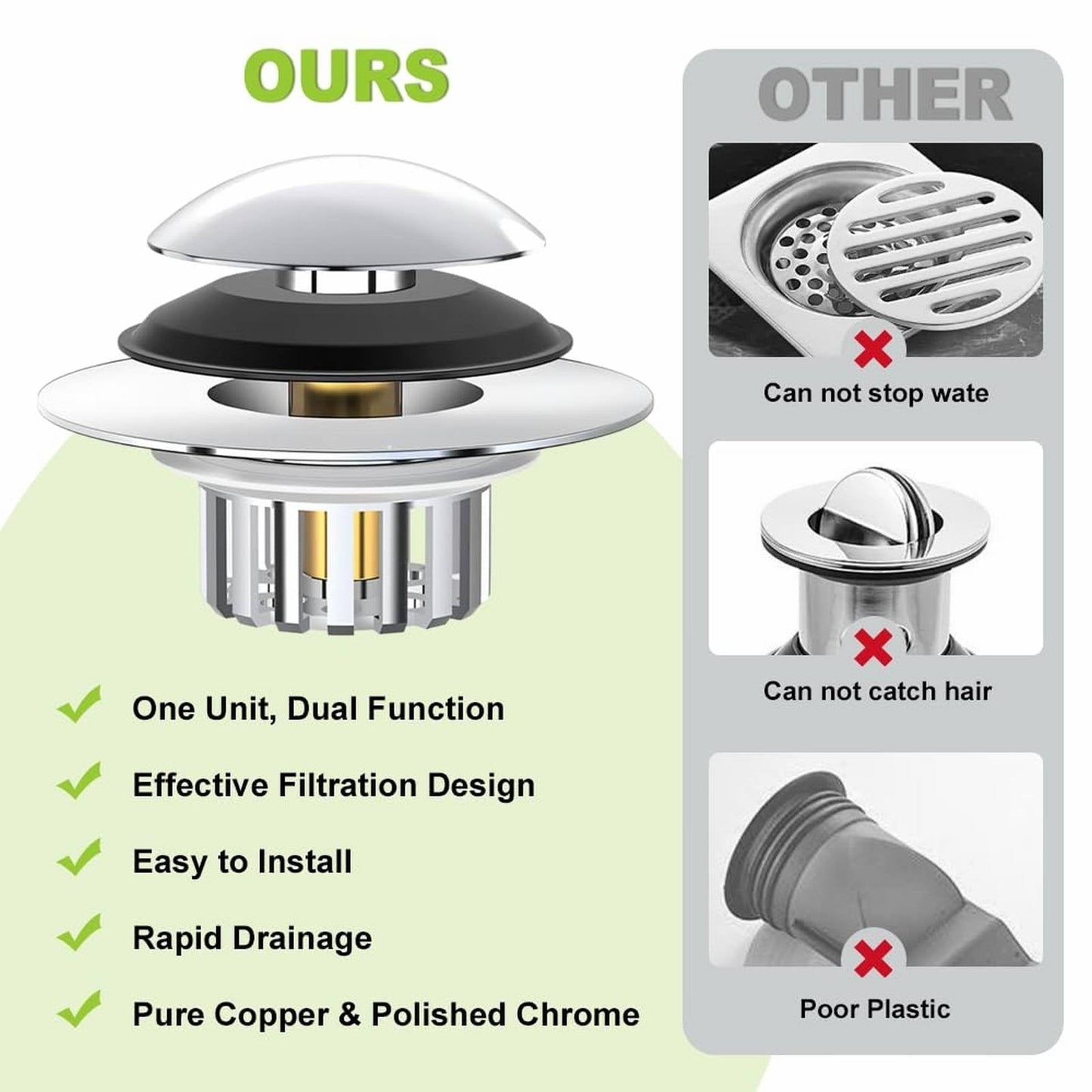 Universal Bath Drain Stopper and Cover, Bathtub Drain Stopper, Replaces Lift and Turn, Tip-Toe and Trip Lever drains for Tub, EZ Installation and Clearing, 1.4x2.0 1.4" x 2.0" Silver