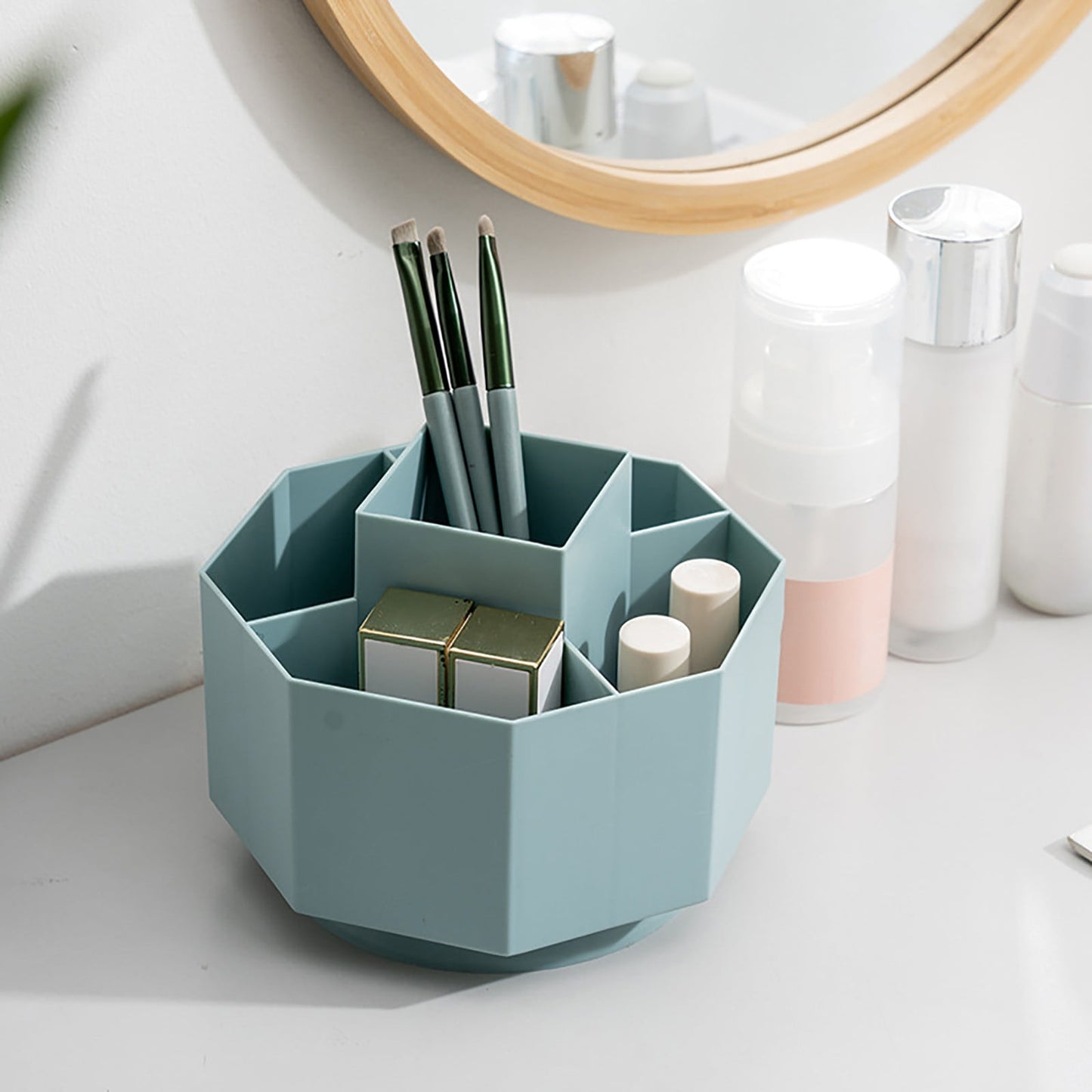 Large Capacity Rotating Pen Holder, Desktop Organizer for Office Supplies, Cosmetics Brushes, 5-Slot Plastic Storage Basket for Desk, Dorm, Kitchen Counter White 5.51x5.51x4.52' 5.51" x 5.51" x 4.52" White