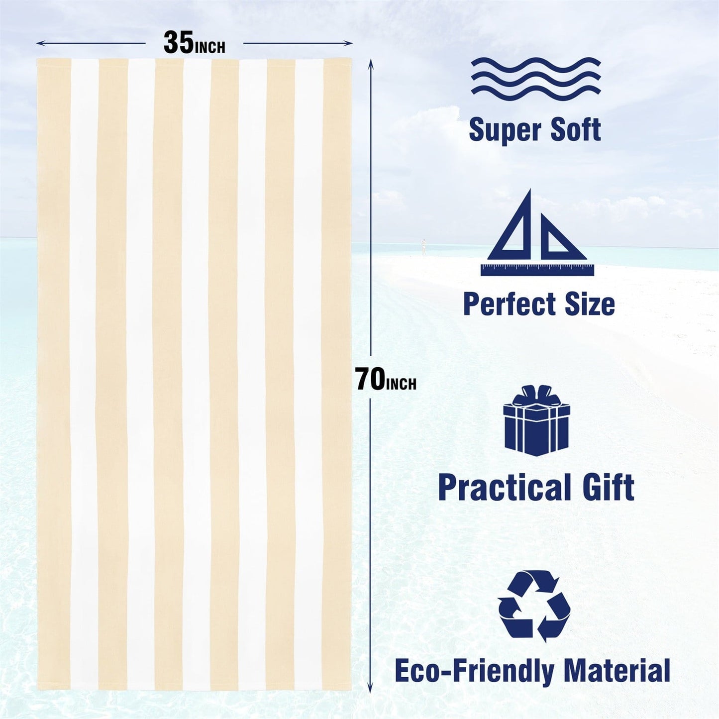 Large Oversized Beach Towel - Big Size Cotton 35 x 70 Inch Striped Pool Towel, Large Cabana Soft Swimming Towel for Adult Men Women, (Light Blue) 35" x 70" Beige