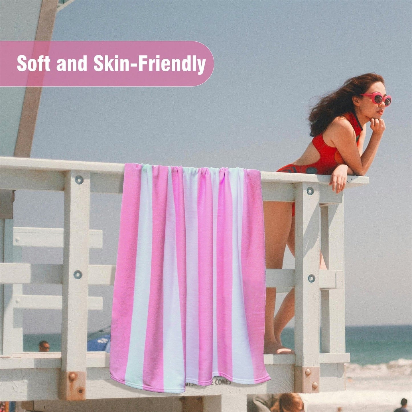 Large Oversized Beach Towel - Big Size Cotton 35 x 70 Inch Striped Pool Towel, Large Cabana Soft Swimming Towel for Adult Men Women, (Light Blue) 35" x 70" Beige