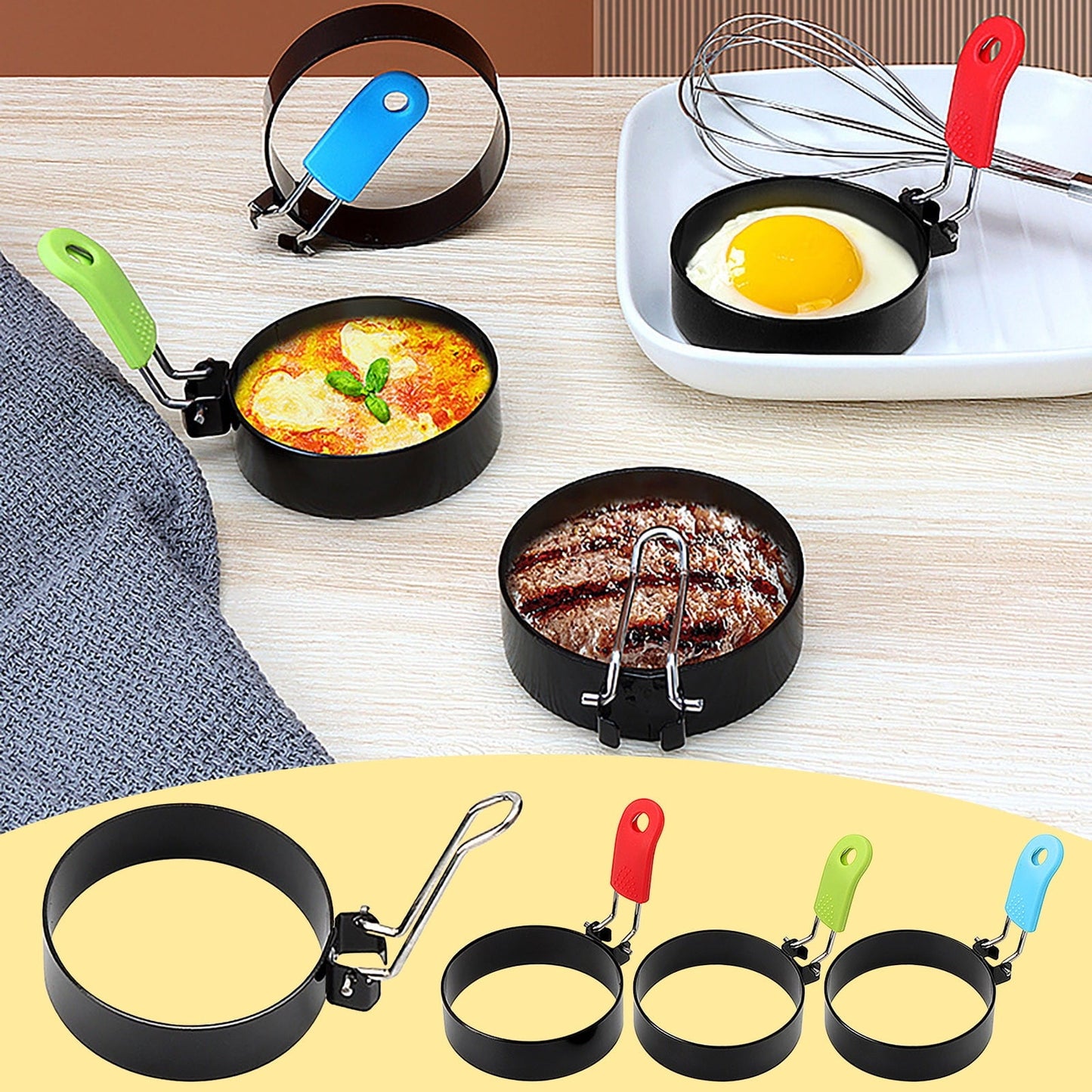 CCMAOLU Egg Rings with Silicone Handle, Pancake Mold for English Muffins & Breakfast Sandwiches, Non-Stick Cooking Rings for Eggs, Mini Omelets, Safe for Dishwasher & Camping, Oil Resistant Green