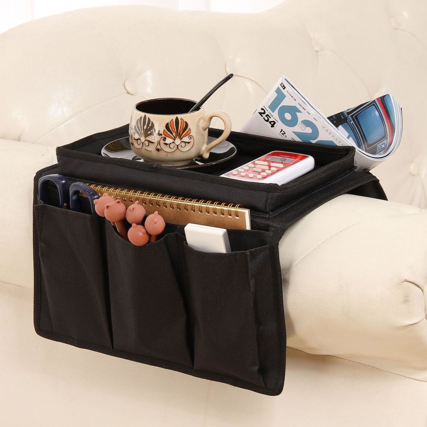 Sofa Armrest Organizer with Cup Holder - TV Remote Holder for Recliner & Couch | Armchair Caddy with Storage Pockets | Holds Cellphone, Tablet, Books, Magazines & Drinks Side Storage Bag(Black) Beige