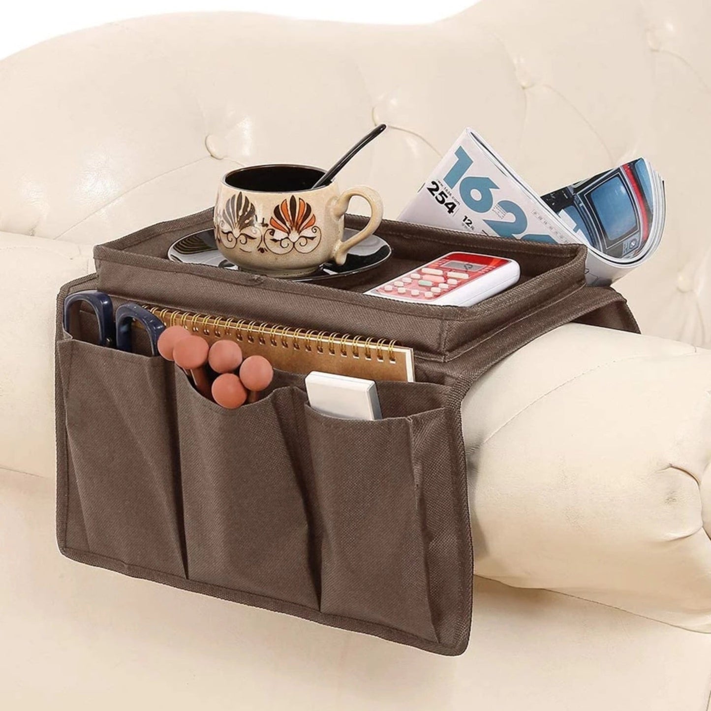 Sofa Armrest Organizer with Cup Holder - TV Remote Holder for Recliner & Couch | Armchair Caddy with Storage Pockets | Holds Cellphone, Tablet, Books, Magazines & Drinks Side Storage Bag(Black) Beige