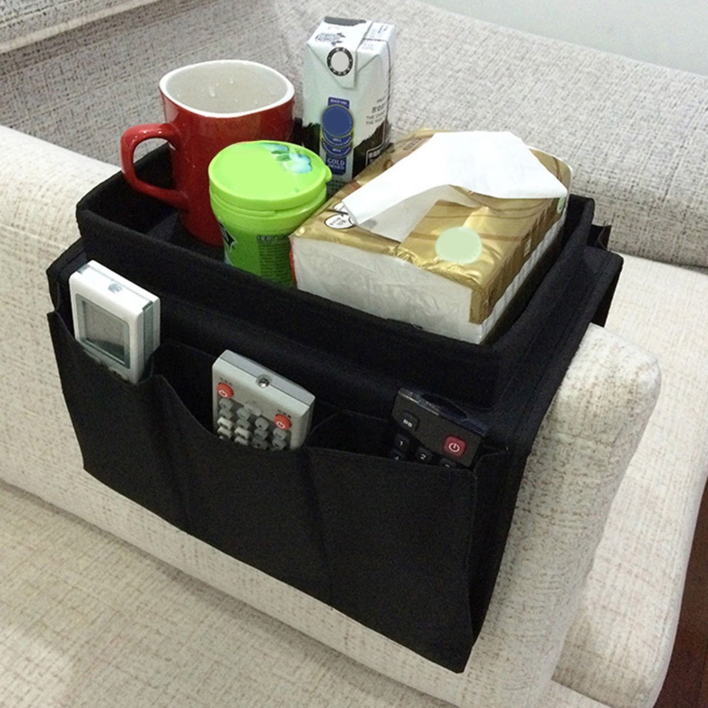 Sofa Armrest Organizer with Cup Holder - TV Remote Holder for Recliner & Couch | Armchair Caddy with Storage Pockets | Holds Cellphone, Tablet, Books, Magazines & Drinks Side Storage Bag(Black) Beige
