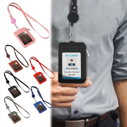 Slim PU Leather ID Badge Holder Wallet,with Zip, Neck Lanyard & Retractable Reel,ID Card Wallet, Badge Holder with Lanyard, PU Leather Badge Case, Retractable Badge Reel Holder(Red) Pink