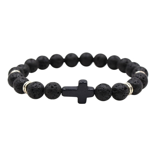 Natural Stone Black Cross Stretch Bracelet Elastic Thread Beaded Unisex Jewelry - One Size Fits Most Wrist, Spiritual Healing Crystal Bead Gift, Up to 60% OFF G