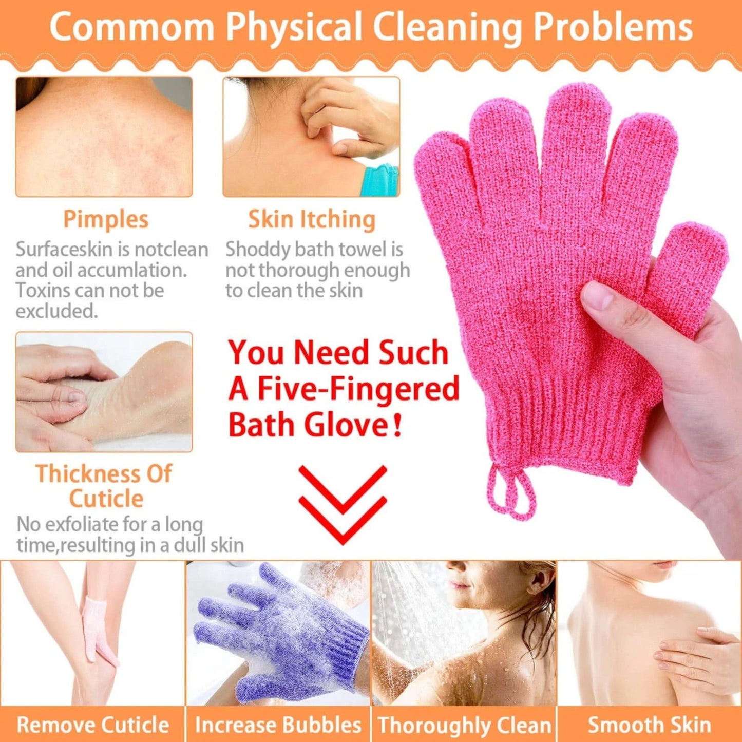 Exfoliating Gloves,1 Pair /2 Pcs, Skin Exfoliator for Body, Bath/Scrub Gloves, Shower Accessories for Women, Exfoliation Mitt, Green, 5.9x7.28 5.9" x 7.28" Orange