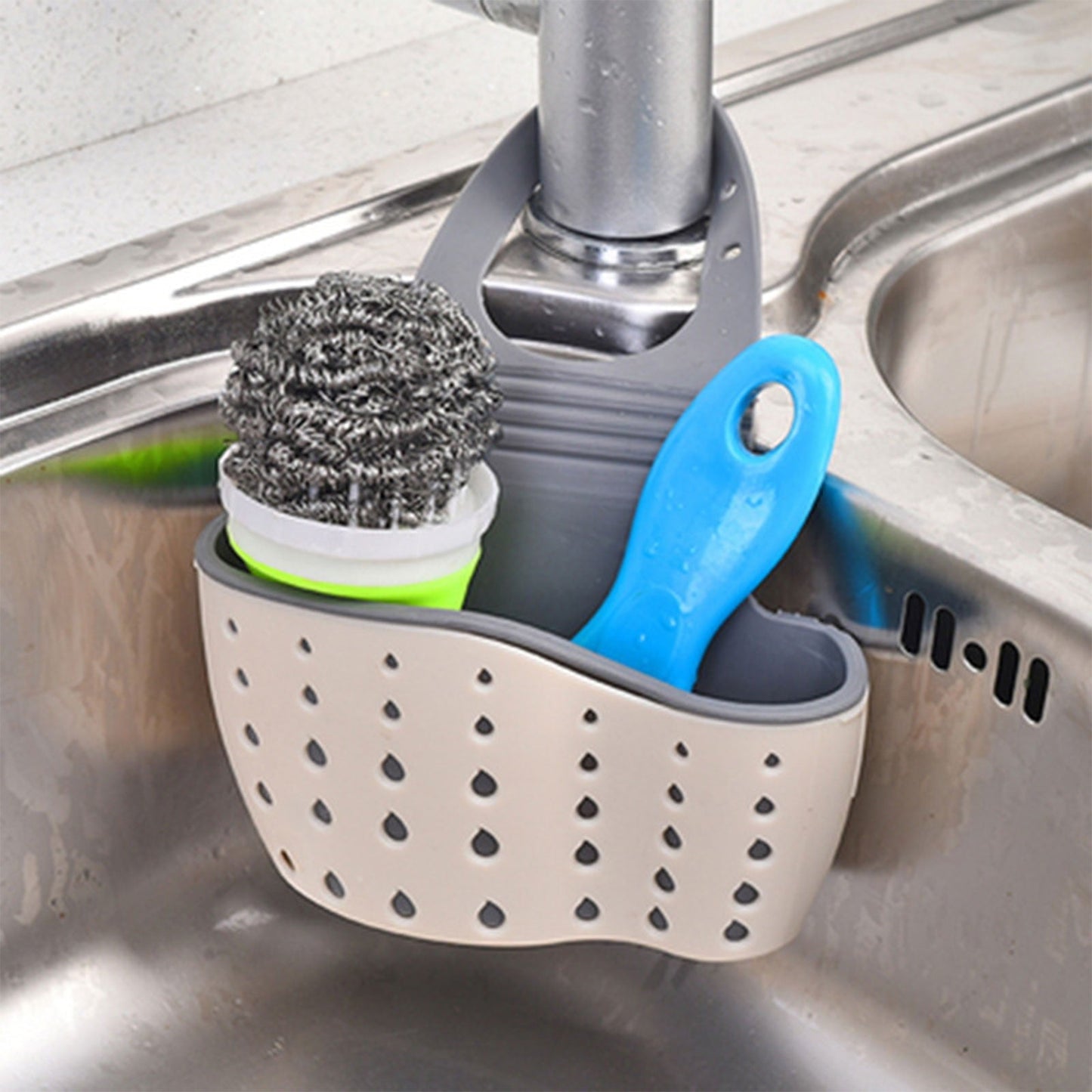 Kitchen Sink Caddy Sponge Holder, Silicone Plastic Soap Holder, Hanging Ajustable Strap Faucet Caddy with Drain Holes for Drying, 1 Pcs, 5.12x8.67 5.12" x 8.67" White