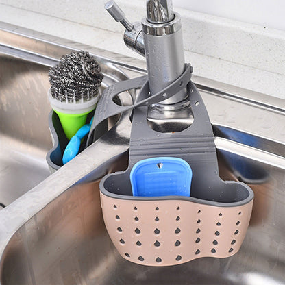 Kitchen Sink Caddy Sponge Holder, Silicone Plastic Soap Holder, Hanging Ajustable Strap Faucet Caddy with Drain Holes for Drying, 1 Pcs, 5.12x8.67 5.12" x 8.67" White