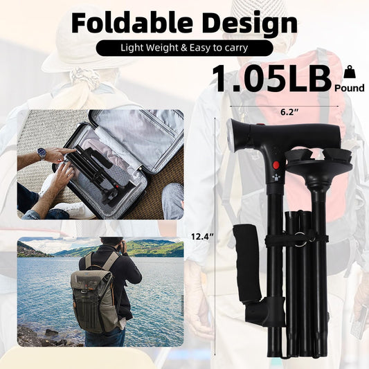 Walking Cane with Led Light and Alarm, Heavy Duty Folding Cane, Adjustable Cane Suitable for Arthritis Disabled and Elderly, Cane with Cushioned T Handle and Swivel Four Pedestal, 6.2x12.4 6.2" x 12.4" Black