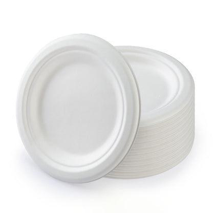6 inch Round Disposable White Bagasse Dinner Plate, 100% Compostable Natural Sugarcane Fibers, Heavy Duty Leak-Proof Environmentaly Friendly, Biodegradable - 1 Count 6.1" x 6.1" x 0.59" White*5