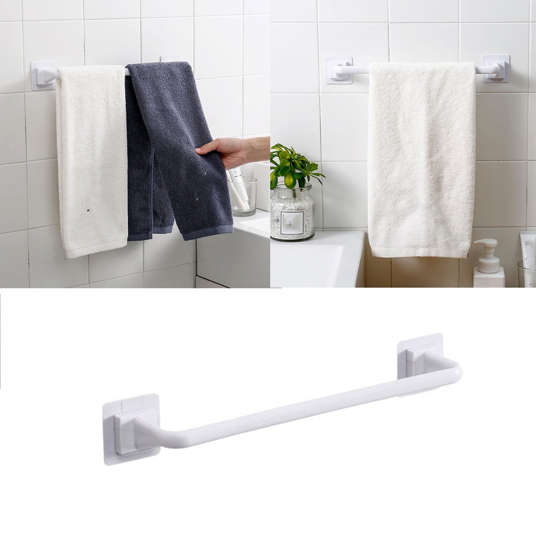 Self Adhesive Towel Bar, Heavy Duty No Drill Hand Towel Hanger for Bathroom and Kitchen Towel Storage Self, (Black/1 Pcs) 15Inches 15" White