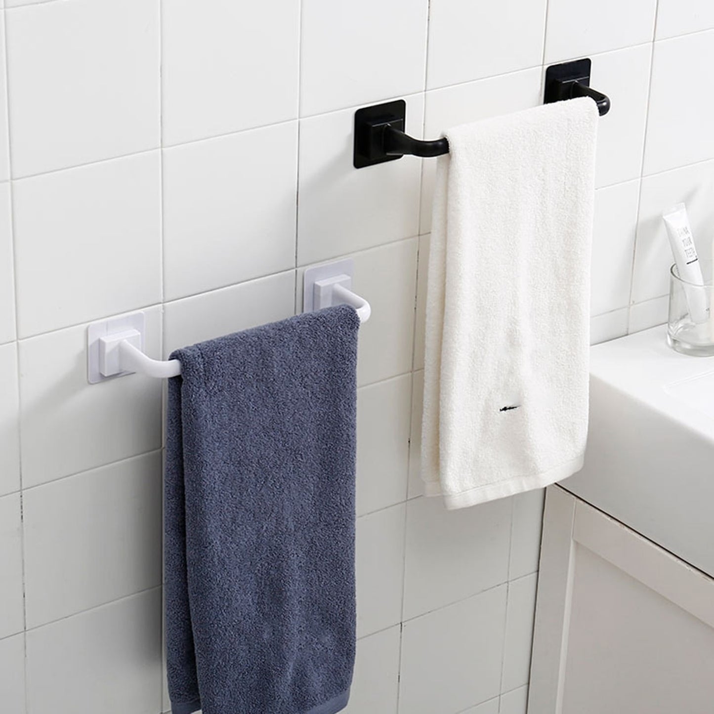 Self Adhesive Towel Bar, Heavy Duty No Drill Hand Towel Hanger for Bathroom and Kitchen Towel Storage Self, (Black/1 Pcs) 15Inches 15" White