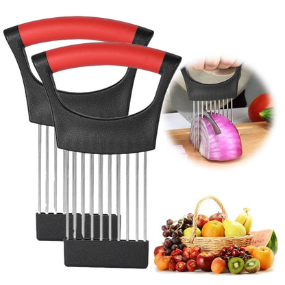 Onion Holder for Slicing Onion, Slice Holder Kitchen Chopper Assistant Tool, Vegetable Cutter with Protective Cover for Tomato, Lemon, Potato, Egg, Food Slice Assistant, Home Kitchen Tool, 2 Pcs 3.74" x 5.63" Black1/2 Pcs