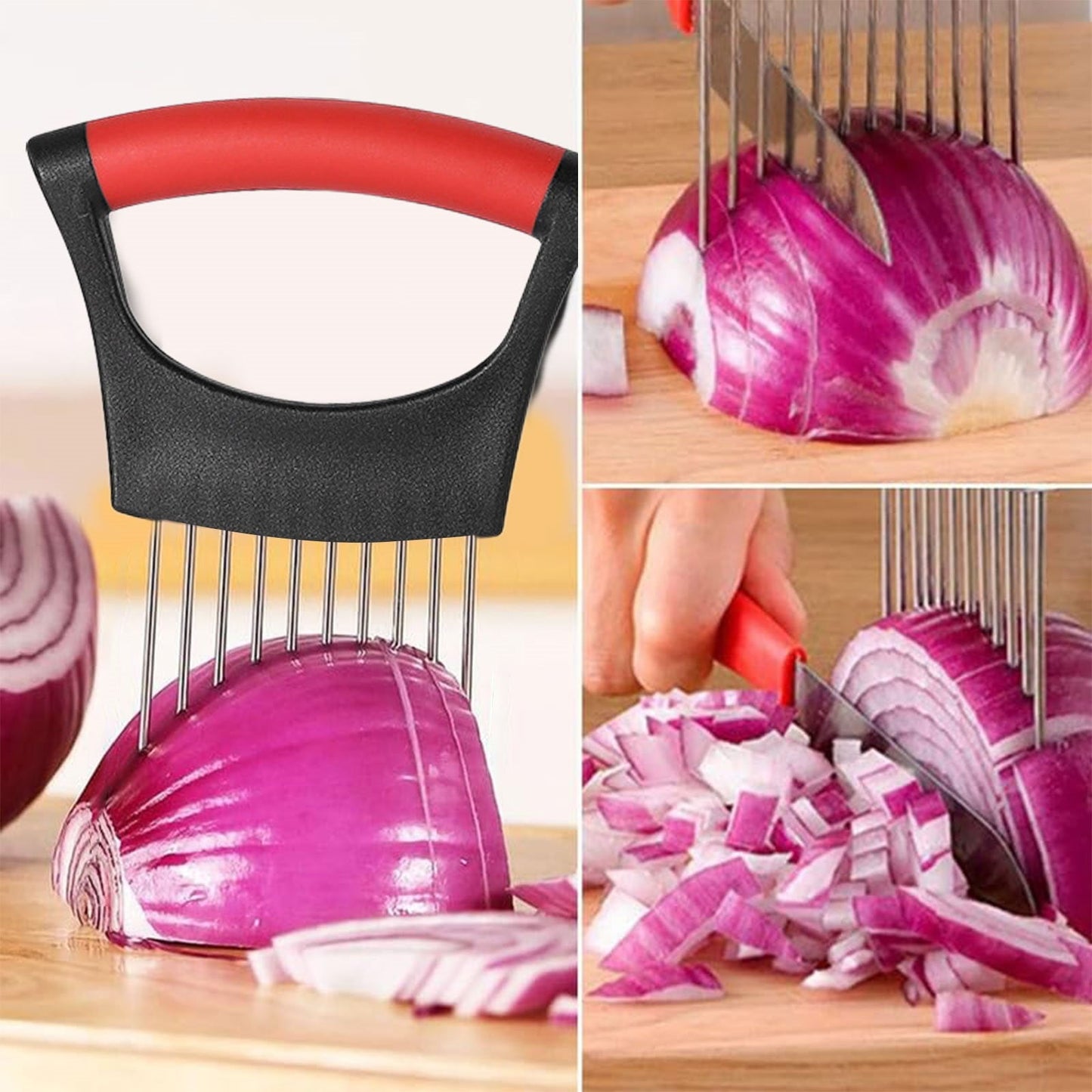Onion Holder for Slicing Onion, Slice Holder Kitchen Chopper Assistant Tool, Vegetable Cutter with Protective Cover for Tomato, Lemon, Potato, Egg, Food Slice Assistant, Home Kitchen Tool, 2 Pcs 3.74" x 5.63" Black1/2 Pcs