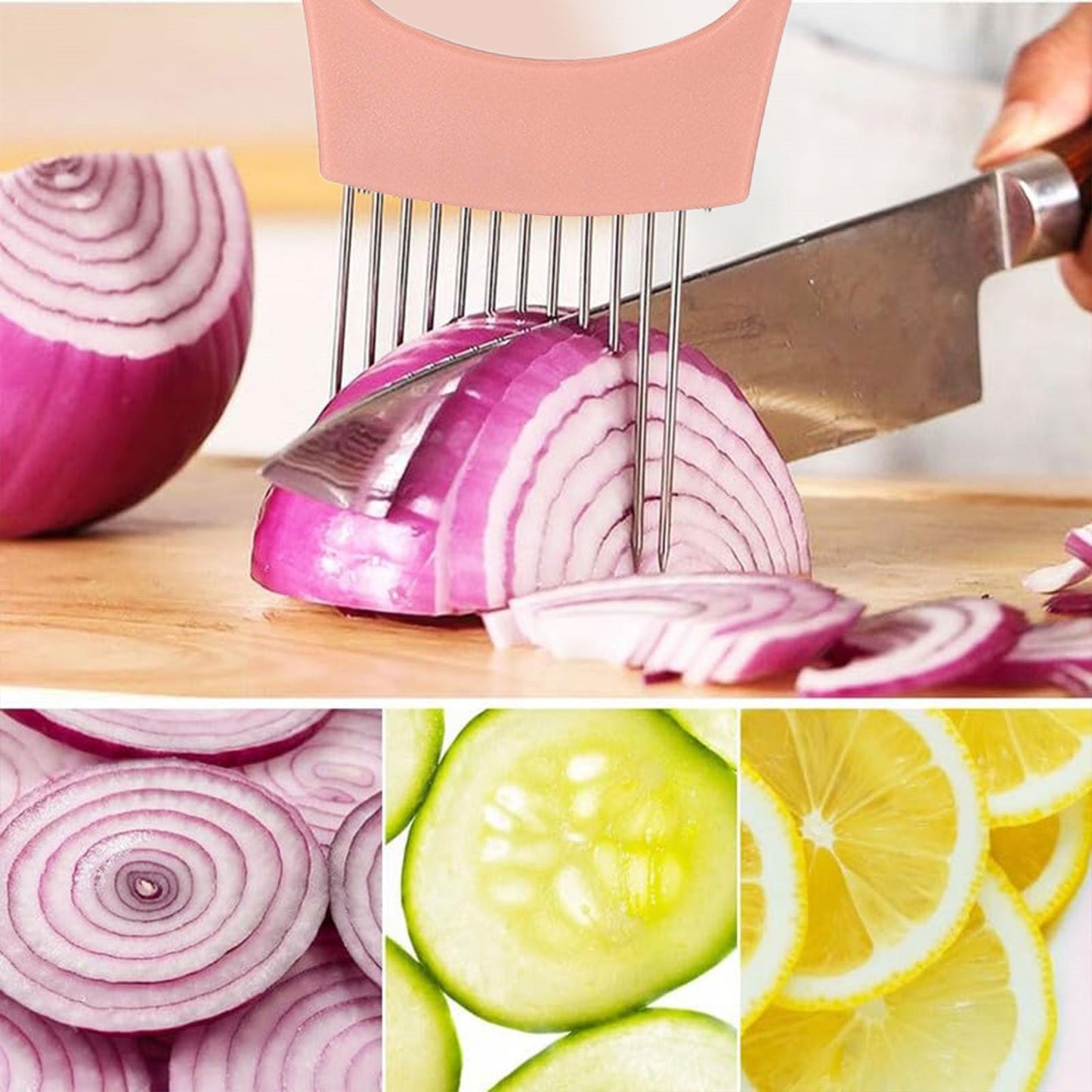 Onion Holder for Slicing Onion, Slice Holder Kitchen Chopper Assistant Tool, Vegetable Cutter with Protective Cover for Tomato, Lemon, Potato, Egg, Food Slice Assistant, Home Kitchen Tool, 2 Pcs 3.74" x 5.63" Black1/2 Pcs