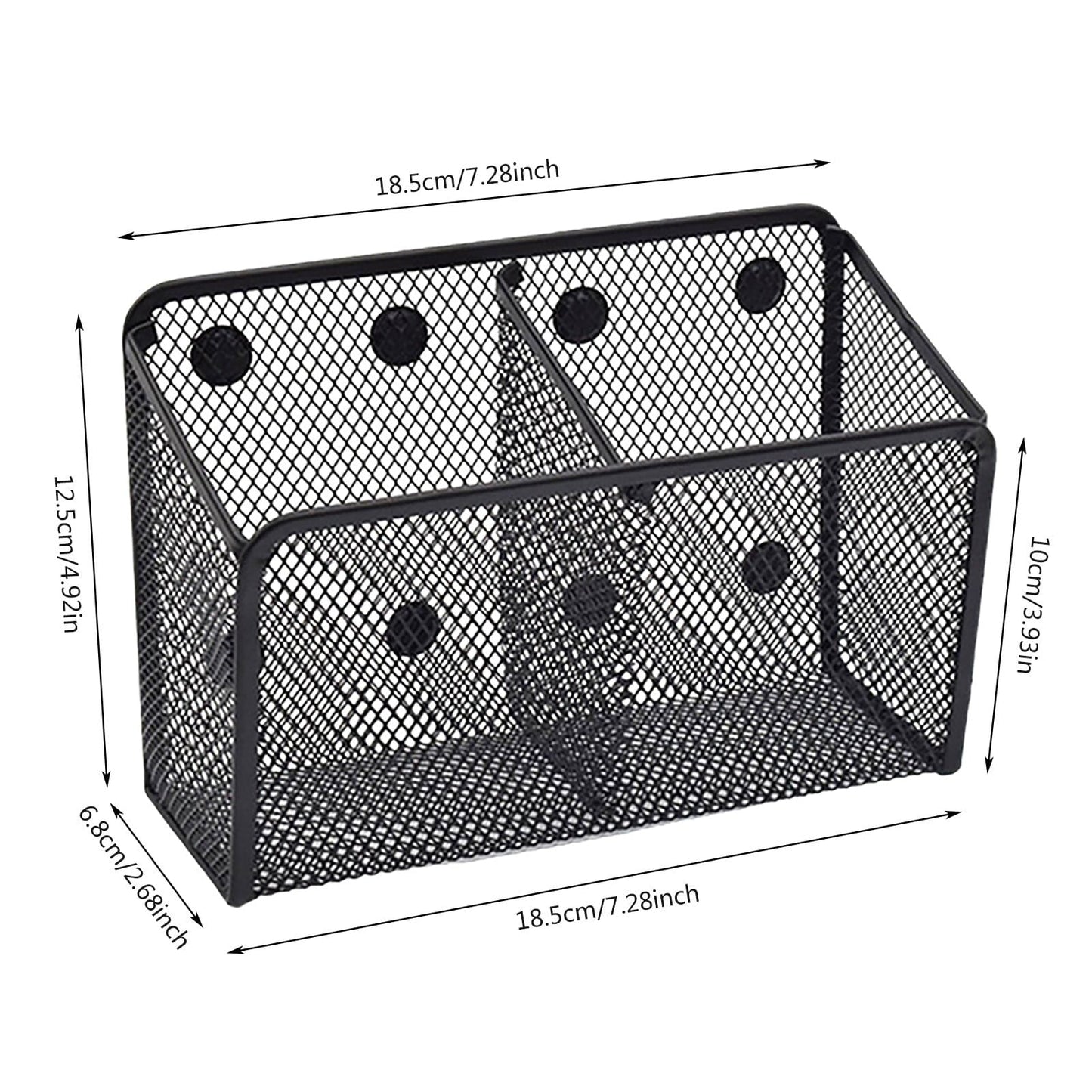 Magnetic Pen Holder, Heavy Duty 2 Slot Mesh Pencil & Marker Organizer for Desk, Extra Strong Magnets for Locker, Refrigerator, Dry Erase Board, Whiteboard Storage Solution, 7.28x2.68x4.92 3.35" x 2.17" x 3.94" Black
