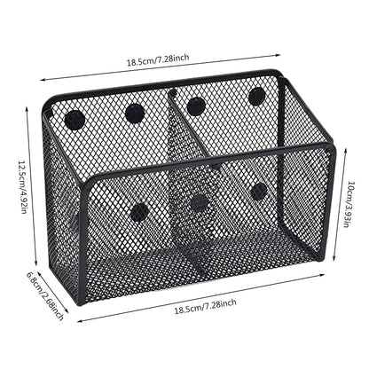 Magnetic Pen Holder, Heavy Duty 2 Slot Mesh Pencil & Marker Organizer for Desk, Extra Strong Magnets for Locker, Refrigerator, Dry Erase Board, Whiteboard Storage Solution, 7.28x2.68x4.92 3.35" x 2.17" x 3.94" Black