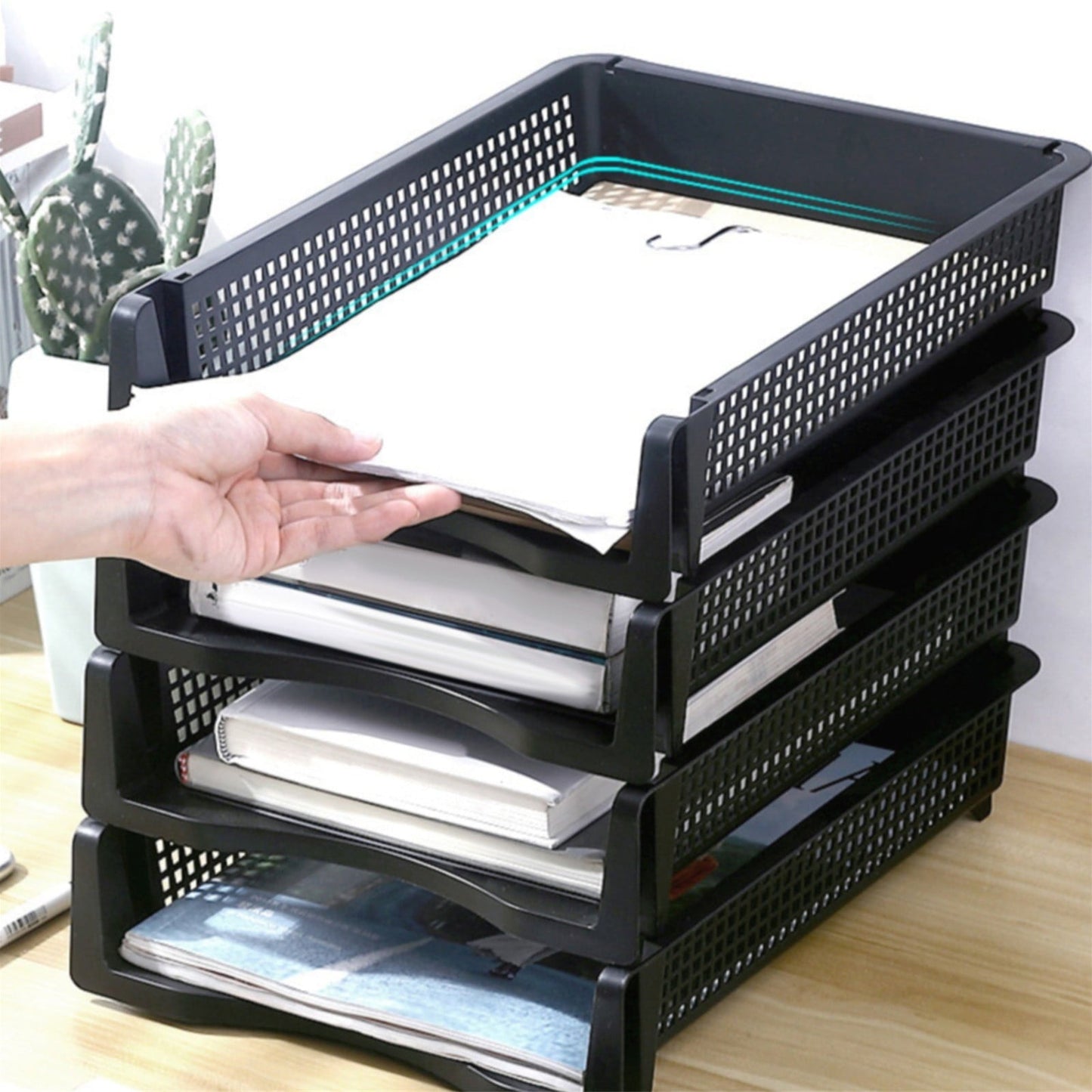 Stackable Paper Trays, Heavy Duty Rectangular Plastic Desk Holder Desktop Document File Organizer Storage Letter for Office Classroom (Clear) 12.8x9.84x2.16 12.8" x 9.84" x 2.16" Black