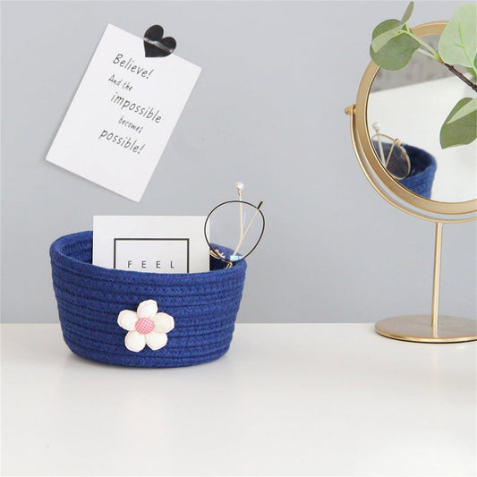 Small Woven Storage Baskets ,Cotton Rope Woven Rattan Baskets,Shelf Toy Basket,Closet Organizer Bins,Small Storage Baskets for OrganizingShallow Basket,Tiny Oval Shallow Baskets,6.3x3.15",White Navy