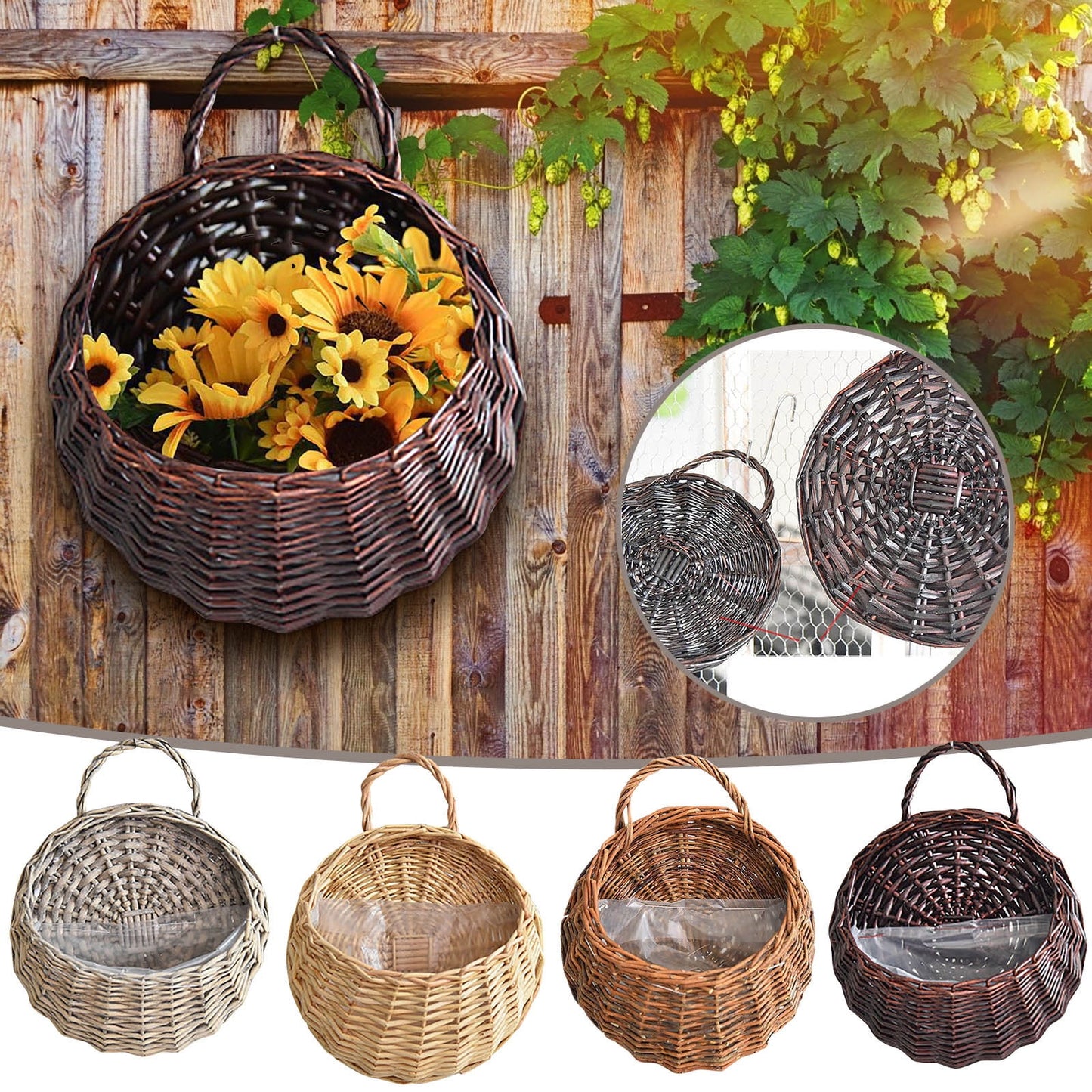 Wicker Storage Basket with Handles,Wall Pot Hanging Basket Storage Small Wicker Basket, Woven Handmade Basket Basket Flower Patio & Garden,Handwoven Craft,Leak Proof Lining,6.3x8.27',Beige Grey