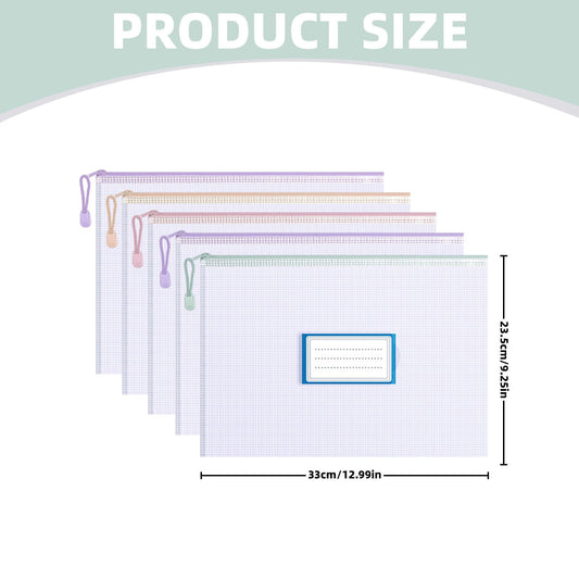 Zipper Mesh Document Pouch, 13.39x9.06 Inch/A4, Plastic Water-Resistant File Bags, for Office Supplies, Cosmetics Travel Storage, Assorted Color, 10 Pcs, 5 Color 12.99x9.25" Blue
