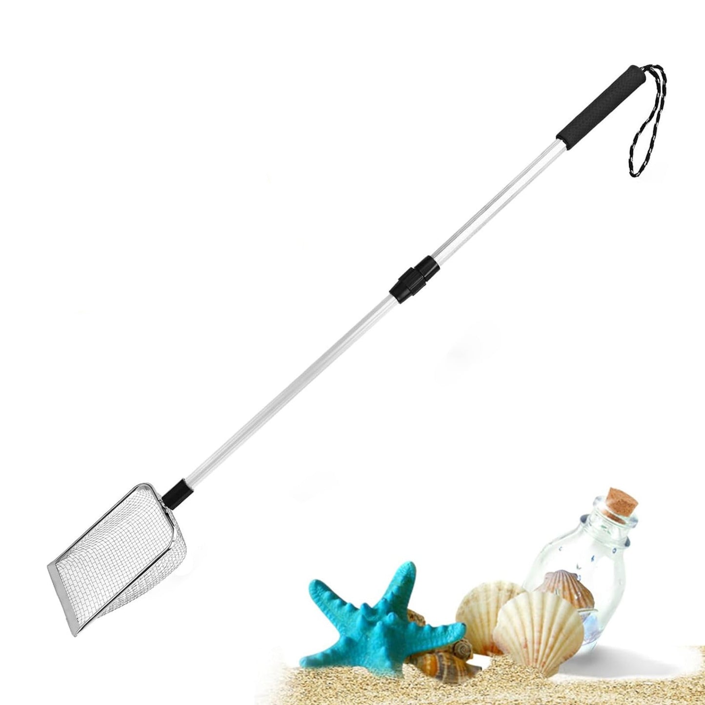 Shark Tooth Sifter, Beach Sand Sifter, Shell Scooper for Beach, Sand Dipper Shovel and Shelling Tools with Retractable Long Handle for Adults, 35.43x3.93 35.43" x 3.93" Black