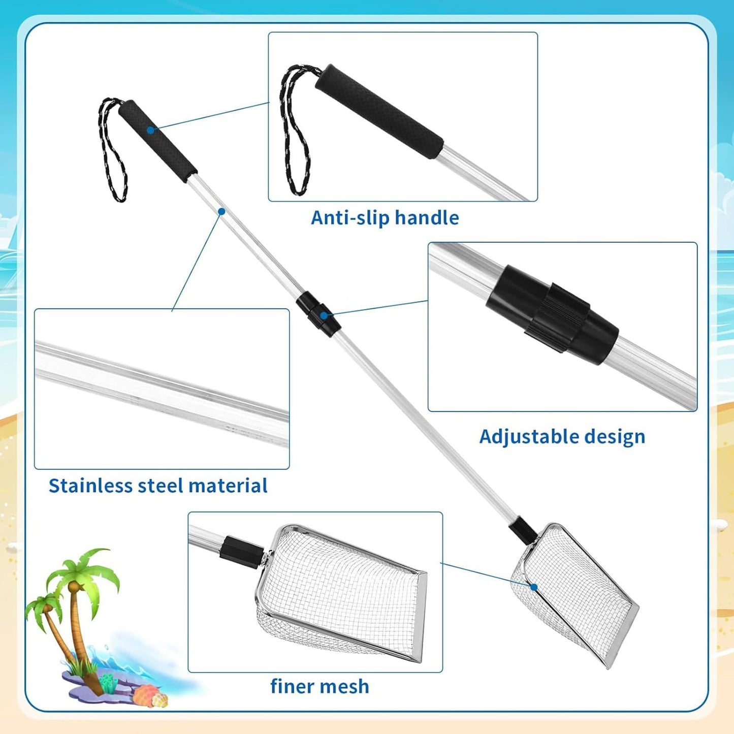 Shark Tooth Sifter, Beach Sand Sifter, Shell Scooper for Beach, Sand Dipper Shovel and Shelling Tools with Retractable Long Handle for Adults, 35.43x3.93 35.43" x 3.93" Black