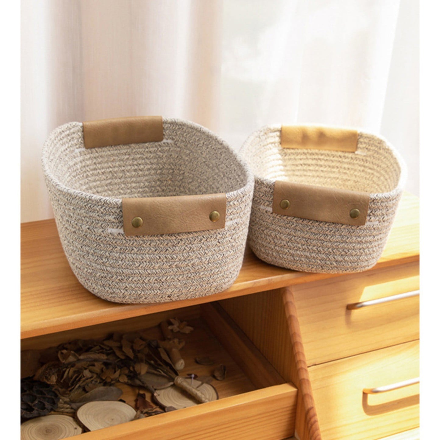 Cotton Woven Basket with PU Leather Handle, Clothes Toys Candy Gifts Cotton Rope Organizer, Living Room Basket Bathroom Shower Storage Laundry Basket, Dog Cat Bed, Fall Basket, 11.02x8.66x4.33 11.02" x 8.66" x 4.33" Coffee