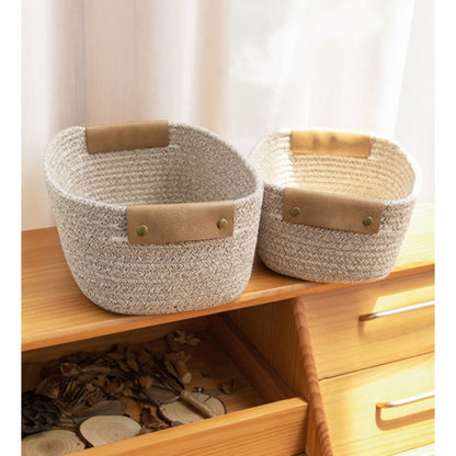 Cotton Woven Basket with PU Leather Handle, Clothes Toys Candy Gifts Cotton Rope Organizer, Living Room Basket Bathroom Shower Storage Laundry Basket, Dog Cat Bed, Fall Basket, 11.02x8.66x4.33 11.02" x 8.66" x 4.33" Coffee