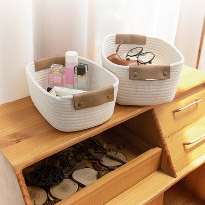 Cotton Woven Basket with PU Leather Handle, Clothes Toys Candy Gifts Cotton Rope Organizer, Living Room Basket Bathroom Shower Storage Laundry Basket, Dog Cat Bed, Fall Basket, 11.02x8.66x4.33 11.02" x 8.66" x 4.33" Coffee