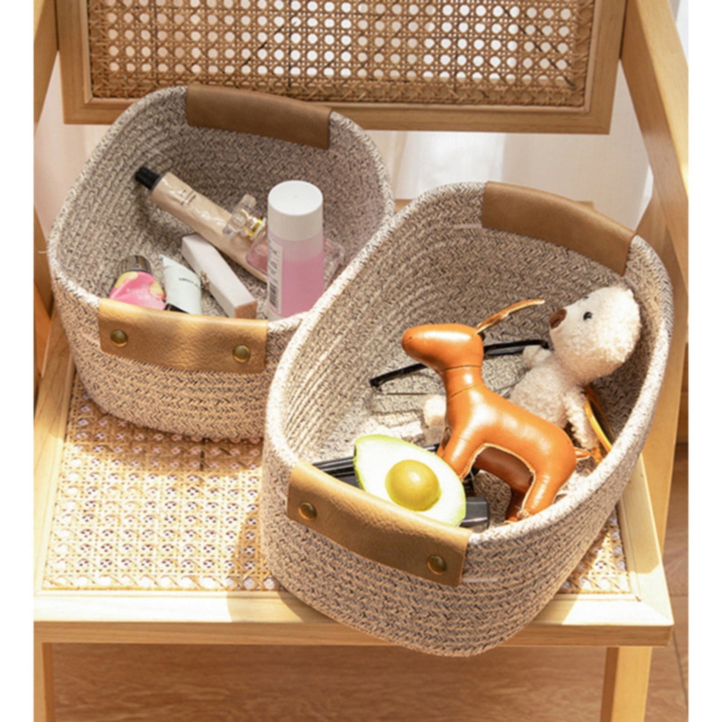 Cotton Woven Basket with PU Leather Handle, Clothes Toys Candy Gifts Cotton Rope Organizer, Living Room Basket Bathroom Shower Storage Laundry Basket, Dog Cat Bed, Fall Basket, 11.02x8.66x4.33 11.02" x 8.66" x 4.33" Coffee